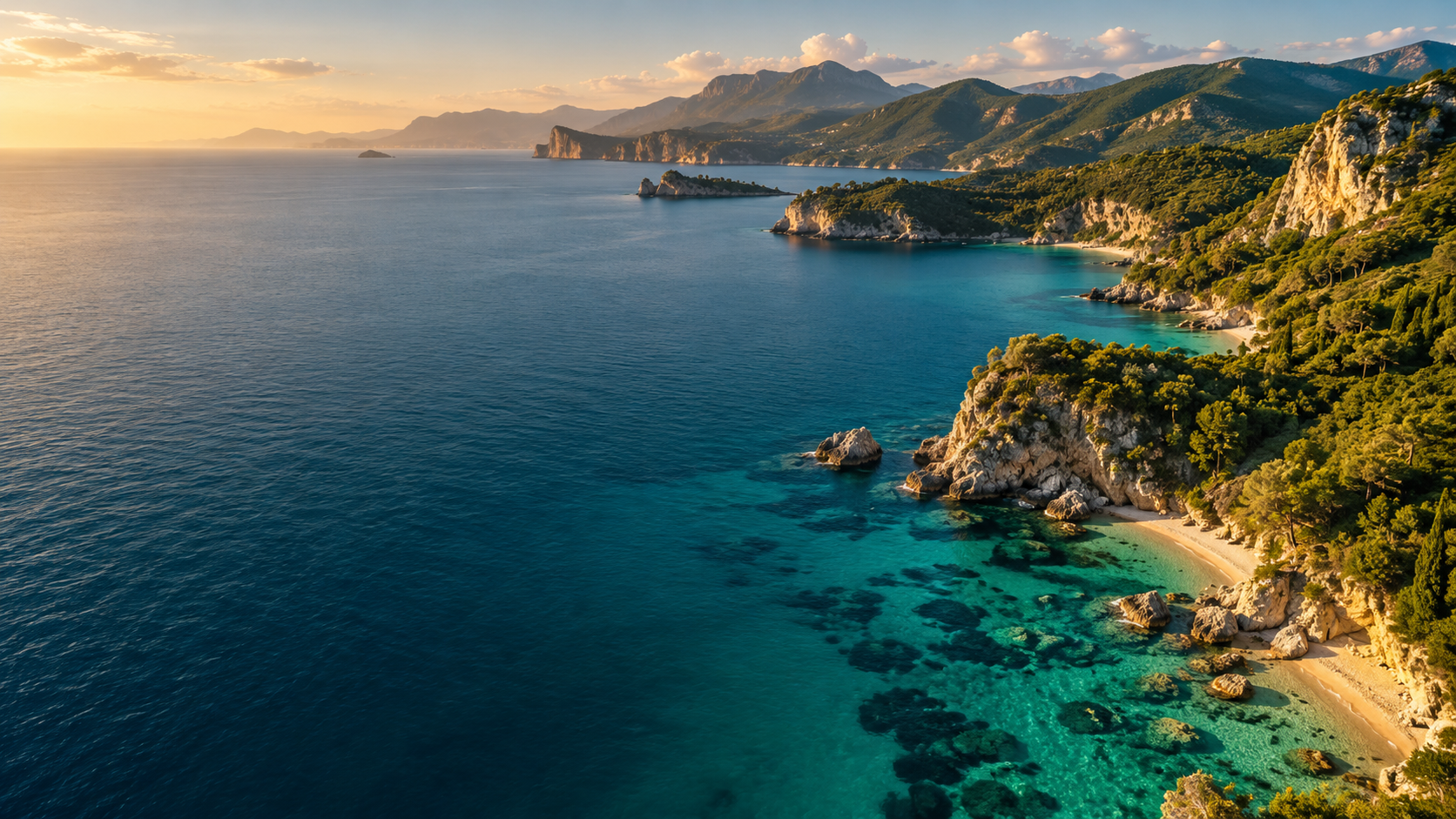 Sunlit coastline and clear emerald water